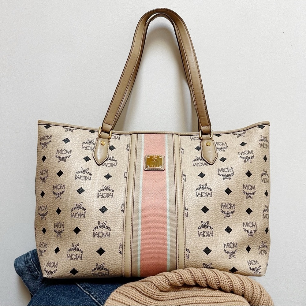 MCM Visetos Authentic Striped Tote Shoulder Bag | Beige Tan Pink| MED LG /DAMAGE